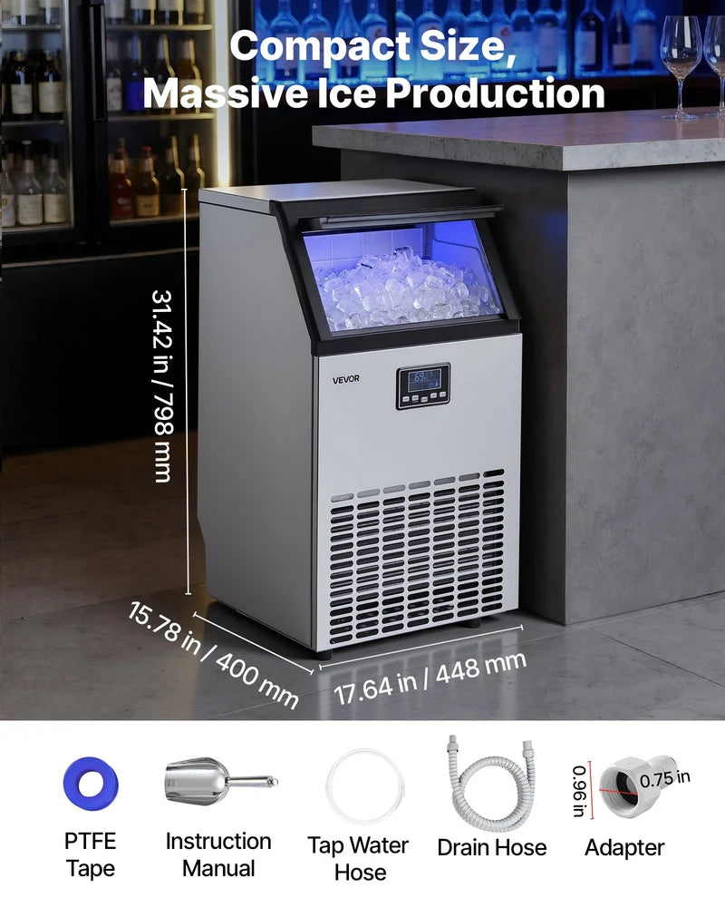 Commercial Ice Maker Machine, 100 Lbs/24h With 26 Lbs Storage Capacity, Built-in/Freestanding/Under Counter, Stainless Steel Ice Maker With LED Display & Self-Cleaning, For Home Bar Restaurant