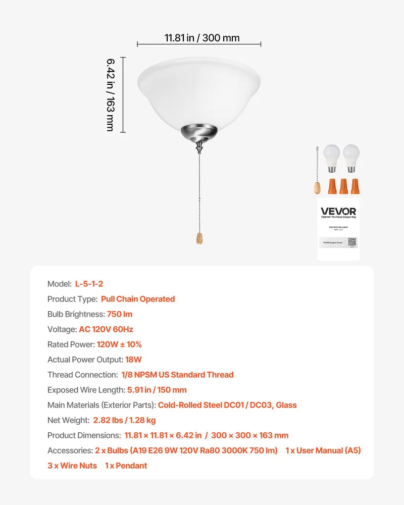 Ceiling Fan Light Kit, 750lm 3000K Bowl Shaped Fan Light Kit With Pull Chain, 2 LED Bulbs, Replacement Fixture For Living Room, Dining Room, Bedroom, Indoor, White Glass Shade Brushed Nickel