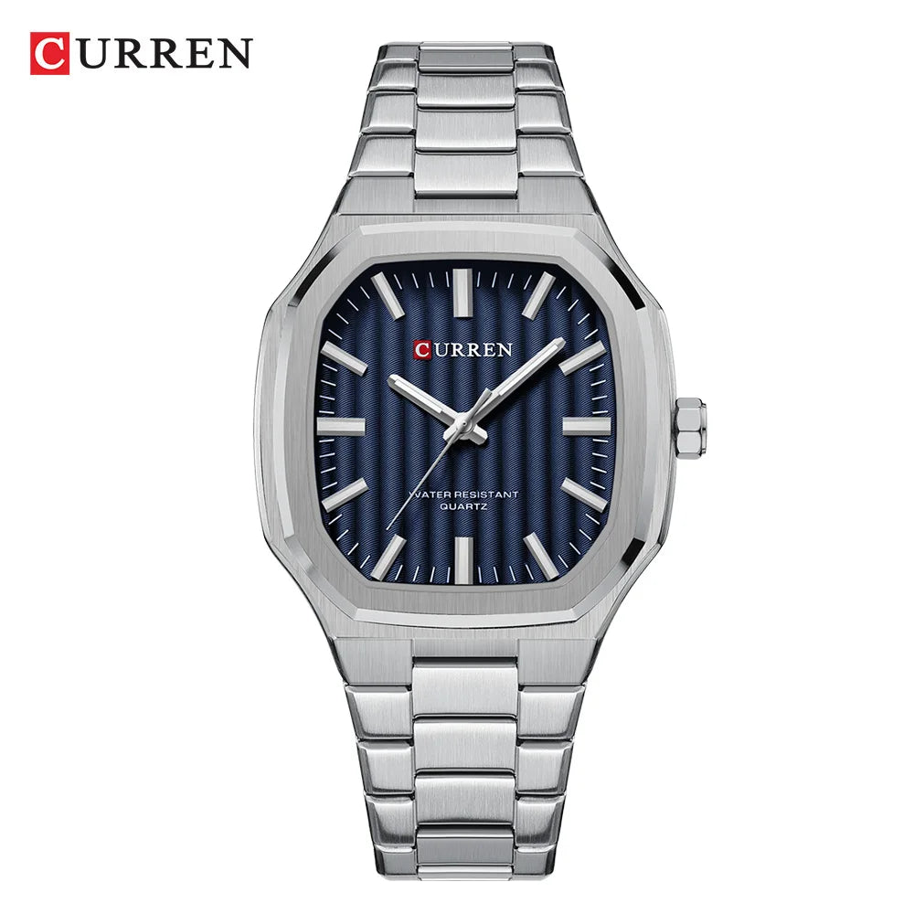 CURREN Luxury Business Square Quartz Watches Classic Stripe Design Dial with Stainless Steel Band Wristwatch for Men