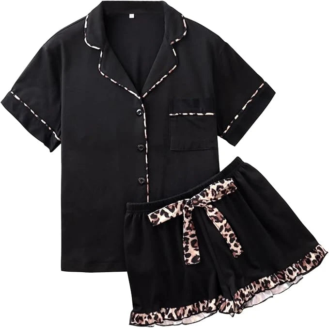 RONGTAI Summer Pajamas For Women Set Short Sleeve Button Down Leopard Pjs Lounge Sets Soft Sleepwear