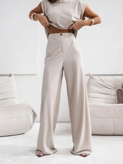 2026 NEW Women 2 Piece Casual Set Short Sleeve T-Shirt Vest Loose Wide Leg Pants Seasonal Comfort