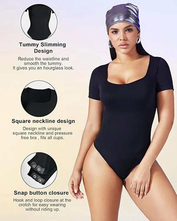 Seamless Square Neck Bodysuit For Women Tummy Control Short Sleeve Thong Shapewear Slim Fit Body Sculpting Shaper Everyday Wear