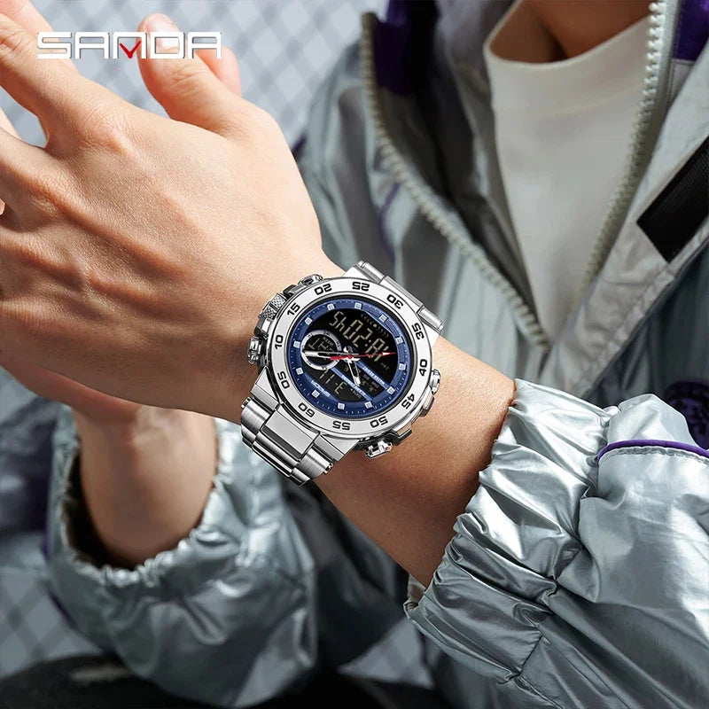SANDA Fashion Men's Electronic Watches Sports Multifunctional Waterproof Large Dial Three Pin Double Display Men's Wristwatches