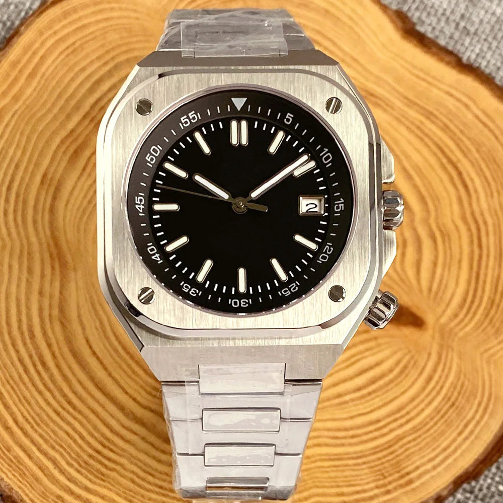 AR Sapphire Glass 42mm Square Steel Mechanical Men Watch S NH35AA Movt 150m Waterproof Elegance Dive Watches Black/Ice Blue Dial