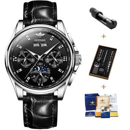 OUPINKE 3189 Automatic Watch for Men Genuine Leather Strap Waterproof Moon Phase Man Watches Luxury Men's Mechanical Wristwatch