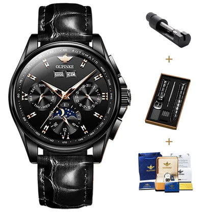 OUPINKE 3189 Automatic Watch for Men Genuine Leather Strap Waterproof Moon Phase Man Watches Luxury Men's Mechanical Wristwatch