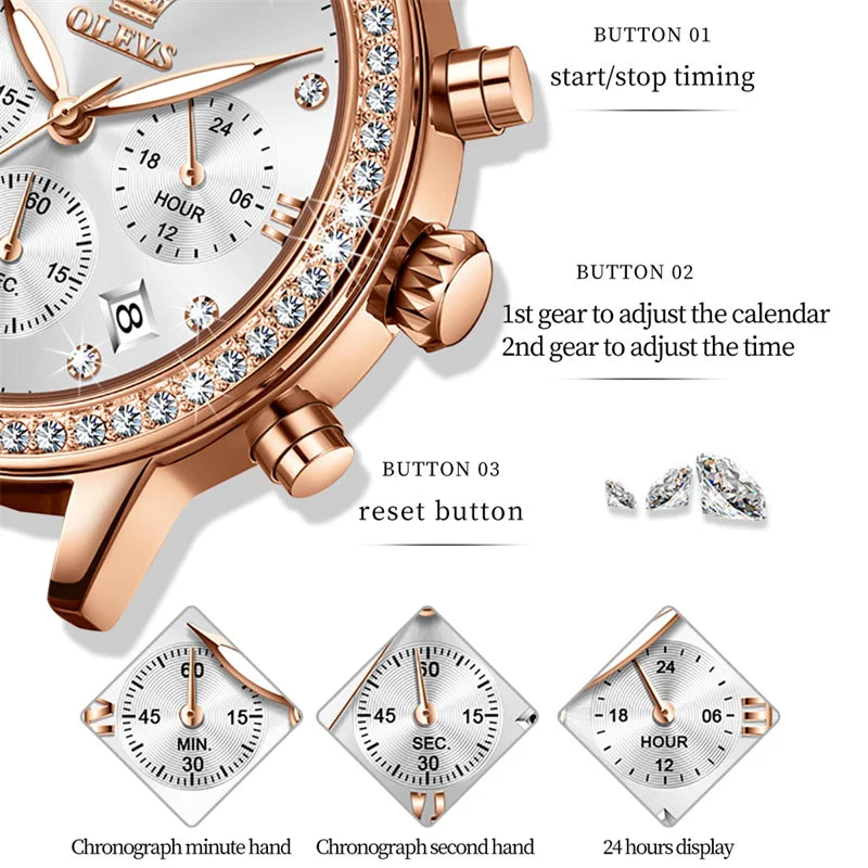 OLEVS Fashion Diamond Watches For Women Luxury Brand Rose Gold Case Ladies Quartz Watch White Leather Strap reloj para mujer