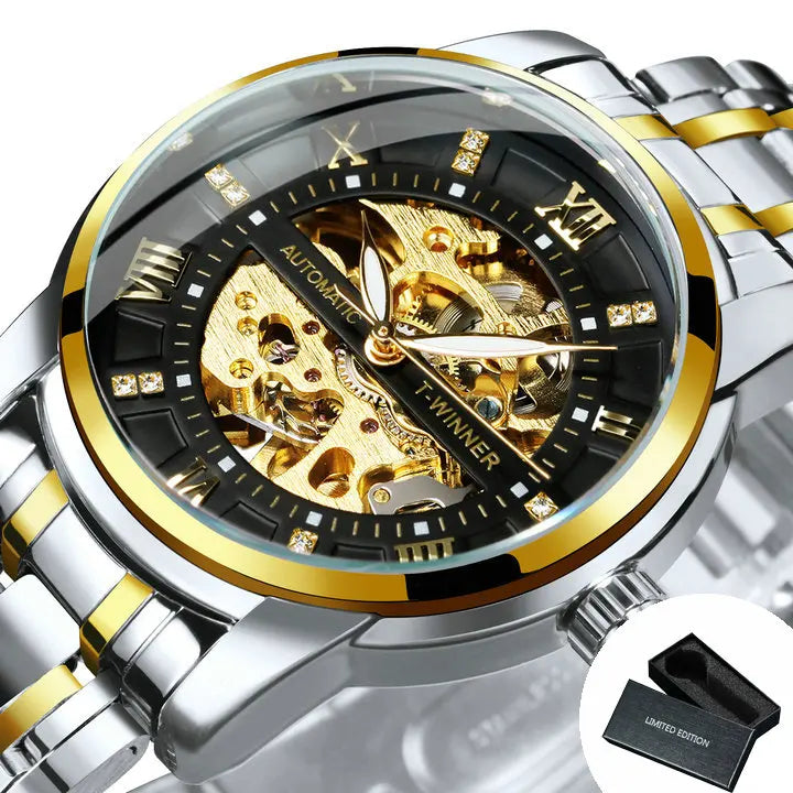 WINNER Gold Black Mechanical Watches Classic Retro Iced Out Skeleton Automatic Watch for Men Stainless Steel Band Luminous Hands