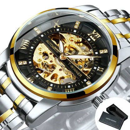 WINNER Gold Black Mechanical Watches Classic Retro Iced Out Skeleton Automatic Watch for Men Stainless Steel Band Luminous Hands
