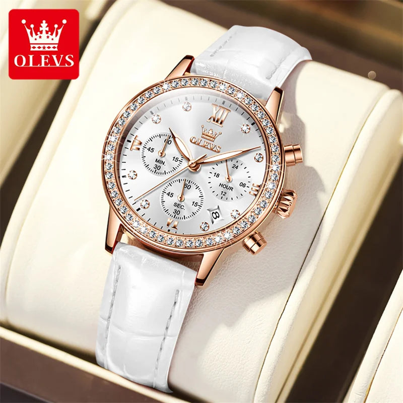 OLEVS Fashion Diamond Watches For Women Luxury Brand Rose Gold Case Ladies Quartz Watch White Leather Strap reloj para mujer
