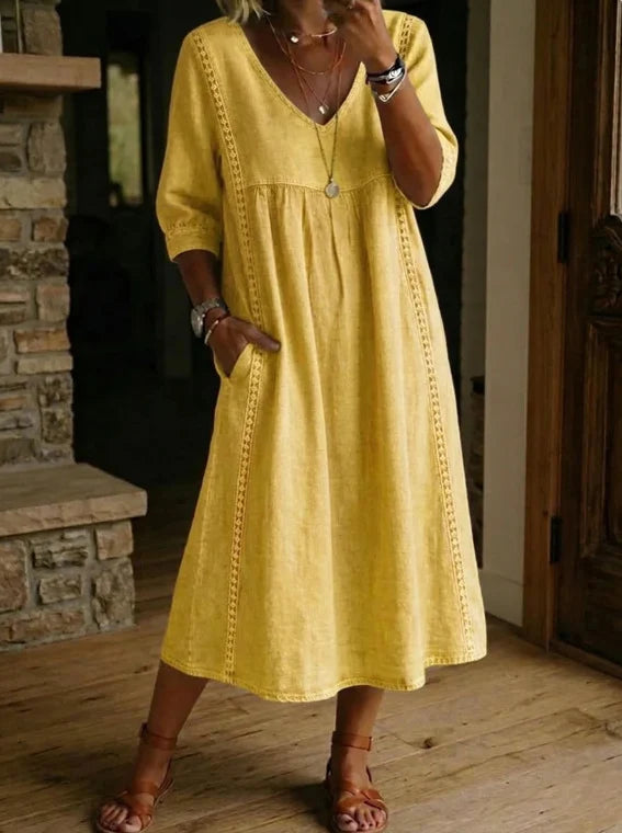 Casual Loose V-Neck Lace Trim Linen Cotton Dress